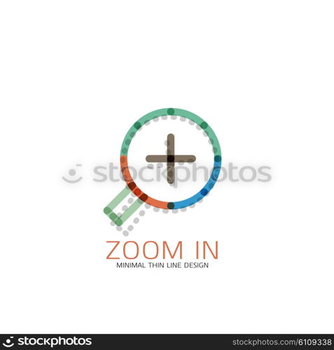 Vector thin line design logo magnifying glass, search and find or zoom logotype concept. Linear minimalistic business icon made of multicolored segments