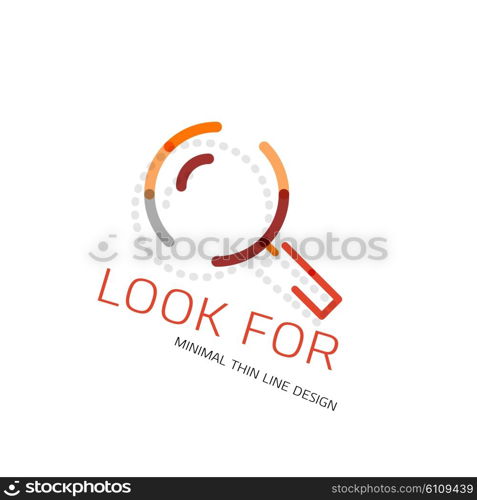 Vector thin line design logo magnifying glass, search and find or zoom logotype concept. Linear minimalistic business icon made of multicolored segments