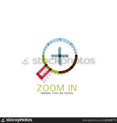 Vector thin line design logo magnifying glass, search and find or zoom logotype concept. Linear minimalistic business icon made of multicolored segments