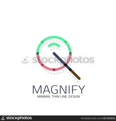 Vector thin line design logo magnifying glass, search and find or zoom logotype concept. Linear minimalistic business icon made of multicolored segments