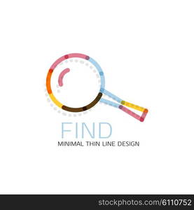 Vector thin line design logo magnifying glass, search and find or zoom logotype concept. Linear minimalistic business icon made of multicolored segments