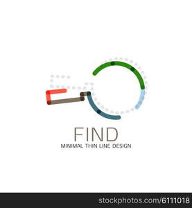 Vector thin line design logo magnifying glass, search and find or zoom logotype concept. Linear minimalistic business icon made of multicolored segments