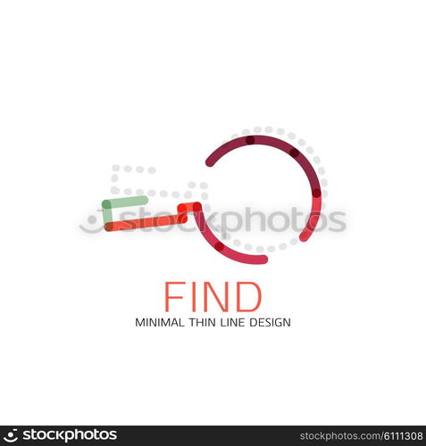 Vector thin line design logo magnifying glass, search and find or zoom logotype concept. Linear minimalistic business icon made of multicolored segments