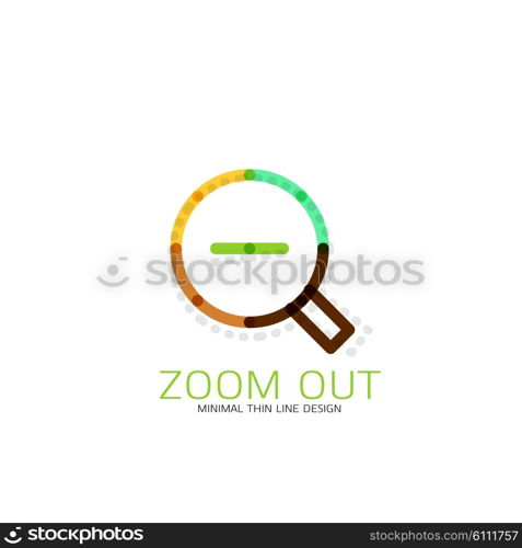 Vector thin line design logo magnifying glass, search and find or zoom logotype concept. Linear minimalistic business icon made of multicolored segments