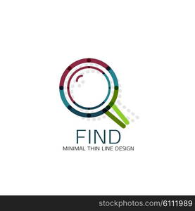 Vector thin line design logo magnifying glass, search and find or zoom logotype concept. Linear minimalistic business icon made of multicolored segments