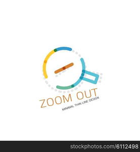 Vector thin line design logo magnifying glass, search and find or zoom logotype concept. Linear minimalistic business icon made of multicolored segments