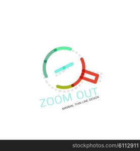 Vector thin line design logo magnifying glass, search and find or zoom logotype concept. Linear minimalistic business icon made of multicolored segments