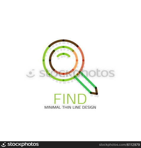 Vector thin line design logo magnifying glass, search and find or zoom logotype concept. Linear minimalistic business icon made of multicolored segments