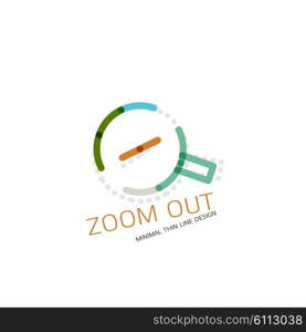 Vector thin line design logo magnifying glass, search and find or zoom logotype concept. Linear minimalistic business icon made of multicolored segments