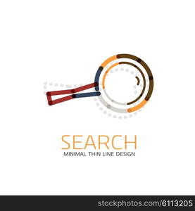 Vector thin line design logo magnifying glass, search and find or zoom logotype concept. Linear minimalistic business icon made of multicolored segments