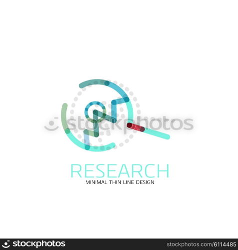 Vector thin line design logo magnifying glass, search and find or zoom logotype concept. Linear minimalistic business icon made of multicolored segments