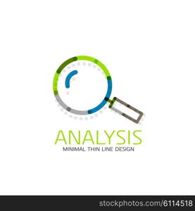 Vector thin line design logo magnifying glass, search and find or zoom logotype concept. Linear minimalistic business icon made of multicolored segments