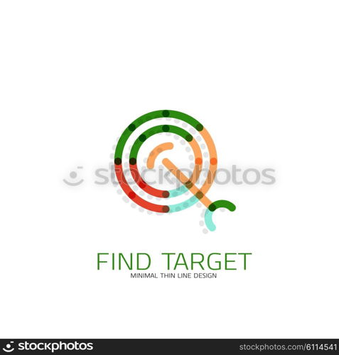 Vector thin line design logo magnifying glass, search and find or zoom logotype concept. Linear minimalistic business icon made of multicolored segments