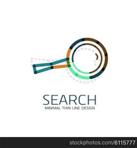 Vector thin line design logo magnifying glass, search and find or zoom logotype concept. Linear minimalistic business icon made of multicolored segments