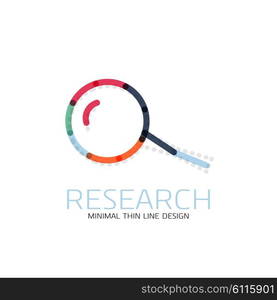 Vector thin line design logo magnifying glass, search and find or zoom logotype concept. Linear minimalistic business icon made of multicolored segments