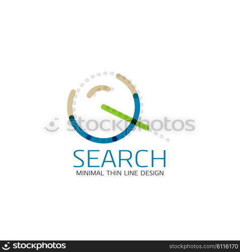 Vector thin line design logo magnifying glass, search and find or zoom logotype concept. Linear minimalistic business icon made of multicolored segments