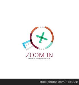 Vector thin line design logo magnifying glass, search and find or zoom logotype concept. Linear minimalistic business icon made of multicolored segments