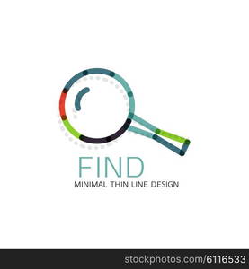 Vector thin line design logo magnifying glass, search and find or zoom logotype concept. Linear minimalistic business icon made of multicolored segments