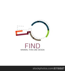 Vector thin line design logo magnifying glass, search and find or zoom logotype concept. Linear minimalistic business icon made of multicolored segments