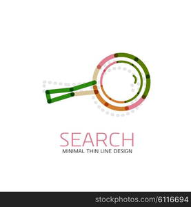 Vector thin line design logo magnifying glass, search and find or zoom logotype concept. Linear minimalistic business icon made of multicolored segments