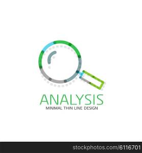 Vector thin line design logo magnifying glass, search and find or zoom logotype concept. Linear minimalistic business icon made of multicolored segments