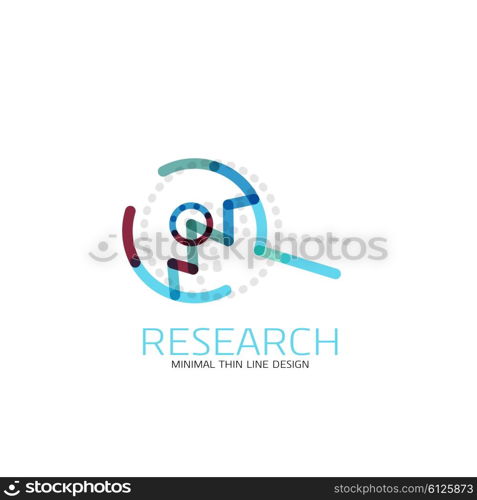 Vector thin line design logo magnifying glass, search and find or zoom logotype concept. Linear minimalistic business icon made of multicolored segments