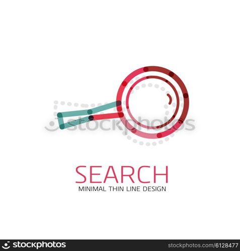 Vector thin line design logo magnifying glass, search and find or zoom logotype concept. Linear minimalistic business icon made of multicolored segments