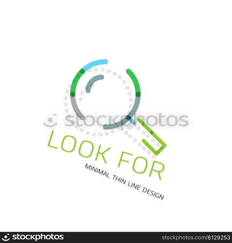 Vector thin line design logo magnifying glass, search and find or zoom logotype concept. Linear minimalistic business icon made of multicolored segments