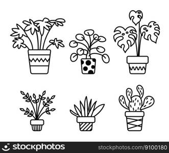 vector thin line home plants drawing isolated on white background. home plant in pot symbol. potted plants icons