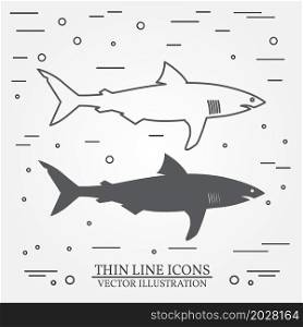 Vector thin line icon and silhouette shark. For web design and application interface, also useful for infographics. Vector dark grey. Vector illustration.
