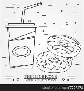 Vector thin line icon donuts and soda . For web design and application interface, also useful for infographics. Soda and donuts isolated. Vector dark grey. Vector illustration.