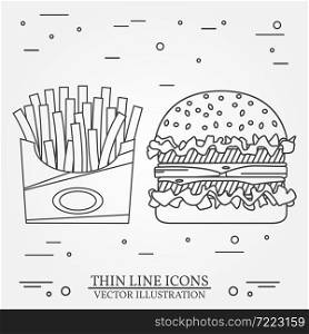 Vector thin line icon hamburger and fries. For web design and application interface, also useful for infographics. Fries and hamburger isolated. Vector dark grey. Vector illustration.. Vector thin line icon hamburger and fries. For web design and ap