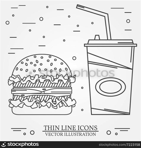 Vector thin line icon hamburger and soda . For web design and application interface, also useful for infographics. Soda and hamburger isolated. Vector dark grey. Vector illustration.. Vector thin line icon hamburger and soda . For web design and ap