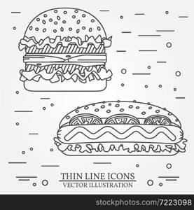 Vector thin line icon hot dog and burger. For web design and application interface, also useful for infographics. Vector dark grey. Vector illustration.. Vector thin line icon hot dog and burger. For web design and ap