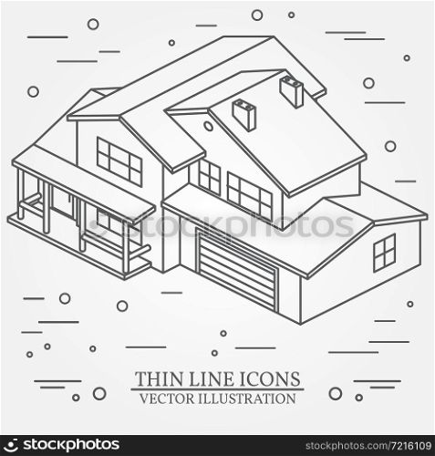 Vector thin line icon isometric suburban american house. For web design and application interface, also useful for infographics. Vector dark grey.