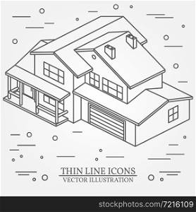 Vector thin line icon isometric suburban american house. For web design and application interface, also useful for infographics. Vector dark grey.
