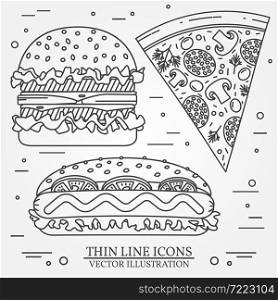 Vector thin line icon pizza, hot dog and burger . For web design and application interface, also useful for infographics. Vector dark grey. Vector illustration.. Vector thin line icon pizza, hot dog and burger . For web desig