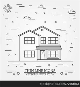 Vector thin line icon suburban american house. For web design and application interface, also useful for infographics. Vector dark grey. Vector illustration.. Vector thin line icon suburban american house. For web design a