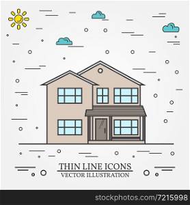 Vector thin line icon suburban american house. For web design and application interface, also useful for infographics. Vector dark grey. Vector illustration.. Vector thin line icon suburban american house. For web design a