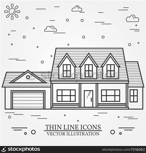 Vector thin line icon suburban american house. For web design and application interface, also useful for infographics. Vector dark grey. Vector illustration.