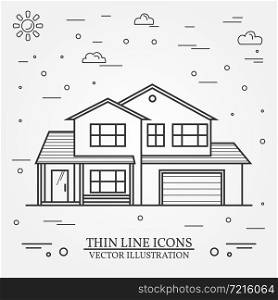 Vector thin line icon suburban american house. For web design and application interface, also useful for infographics. Vector dark grey. Vector illustration.