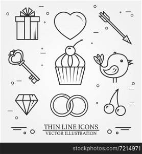 Vector thin line icons set for Saint Valentine&rsquo;s day and love theme. For web design and application interface, also useful for infographics.Naou includes - cupcake, diamond, bird, heart, gift, cherry, wedding rings, key, arrows icons. Modern minimalistic flat design. Vector dark grey.