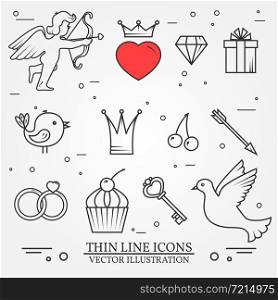 Vector thin line icons set for Saint Valentine&rsquo;s day and love theme. For web, wedding design and application interface, also useful for infographics. Set includes - cupcake, diamond, bird, heart, gift, cherry, wedding rings, key, arrows, amur, dove icons. Modern minimalistic flat design.