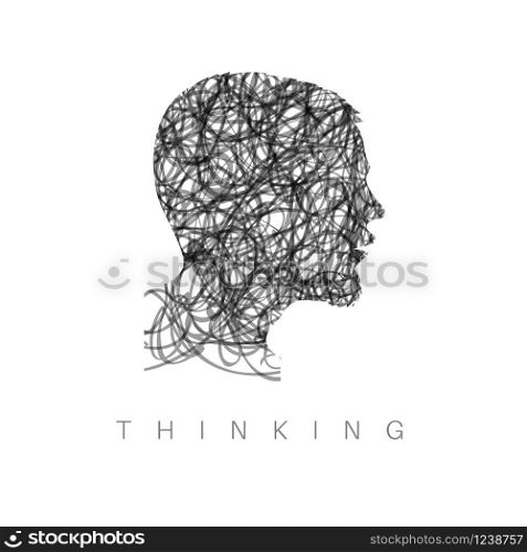 Vector thinking concept illustration - head made from gray doodle line drawing. Thinking concept illustration