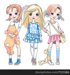 Vector Three cute blond and redhead girls in dresses, shorts and sneakers. Vector baby girl