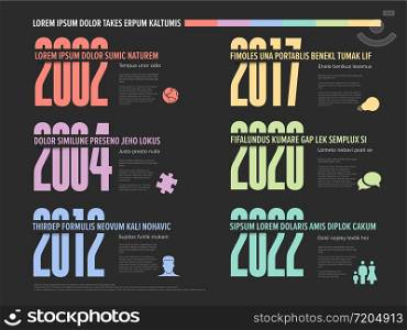 Vector time line template with six big year numbers, descriptions and icons - dark pastel color version. Six milestone timeline template with big year numbers