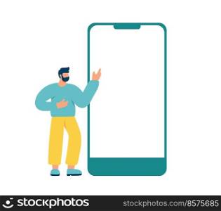 Vector tiny man standing and pointing at big blank smartphone screen. Mobile phone template. Empty cellphone display with copy space. Flat illustration.. Vector tiny man standing and pointing at big blank smartphone screen. Mobile phone template. Empty cellphone display with copy space. Flat illustration
