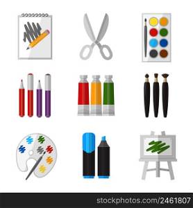Vector tool set for artist in flat design style. Gouache and scissors, marker and palette and paintbrush illustration. Vector tool set for artist in flat design style