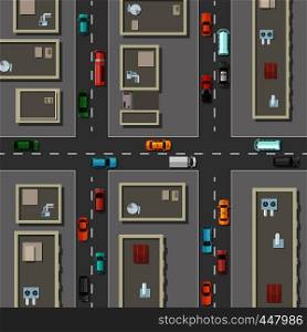Vector top view city with office buildings rooftops, cars on the roads illustration. Town street with traffic car, urban map with house building. Vector top view city with office buildings rooftops, cars on the roads illustration