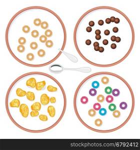 vector top view set of bowls with breakfast wholegrain cereal in milk for kids